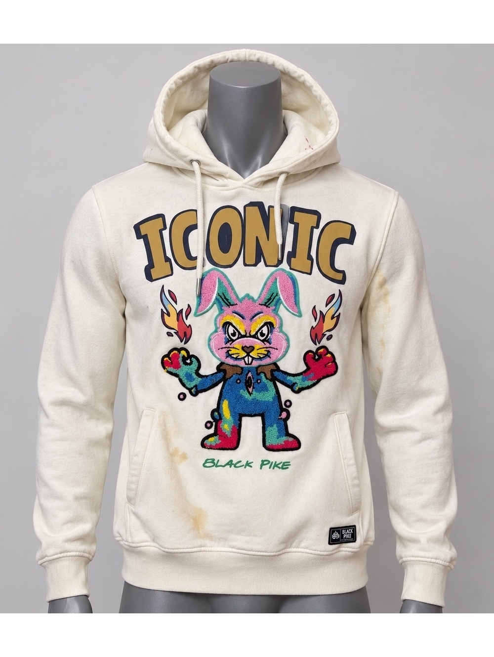 Black Pike Iconic Bunny Hoodie Small Chenille Embroidered Streetwear White